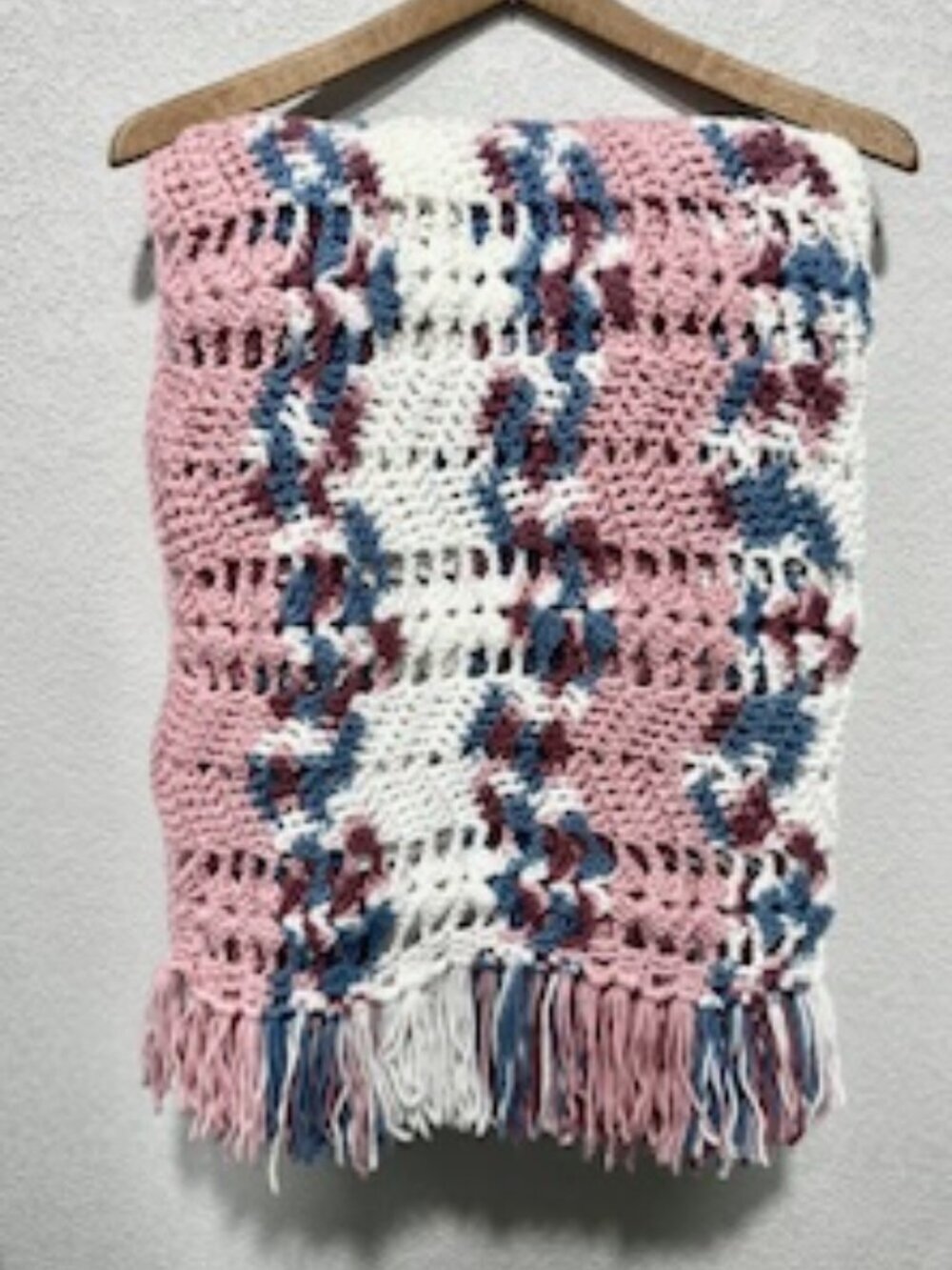 Handknit Crochet Afghan Throw Blanket Fringe Lacy Ripple Multicolor 45inx68in